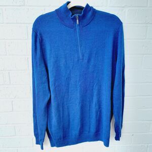 Club Room Merino Wool Sweater Blue 1/4 Zip Neck Long Sleeve Sporty Casual Sz:M